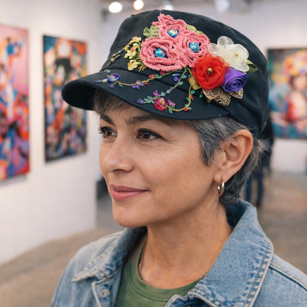 Embroidered Floral Black Hat